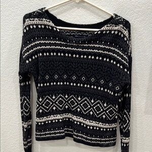 Black and White Crew Neck Sweater with Nordic Pattern